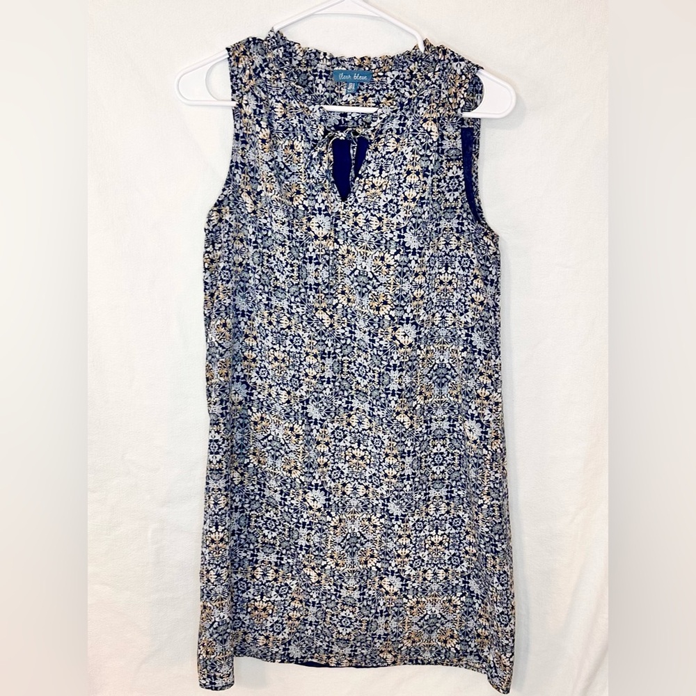 Fleu Bluer Blue Floral String Bow Tie Neck Midi Pull Over Dress Size 2